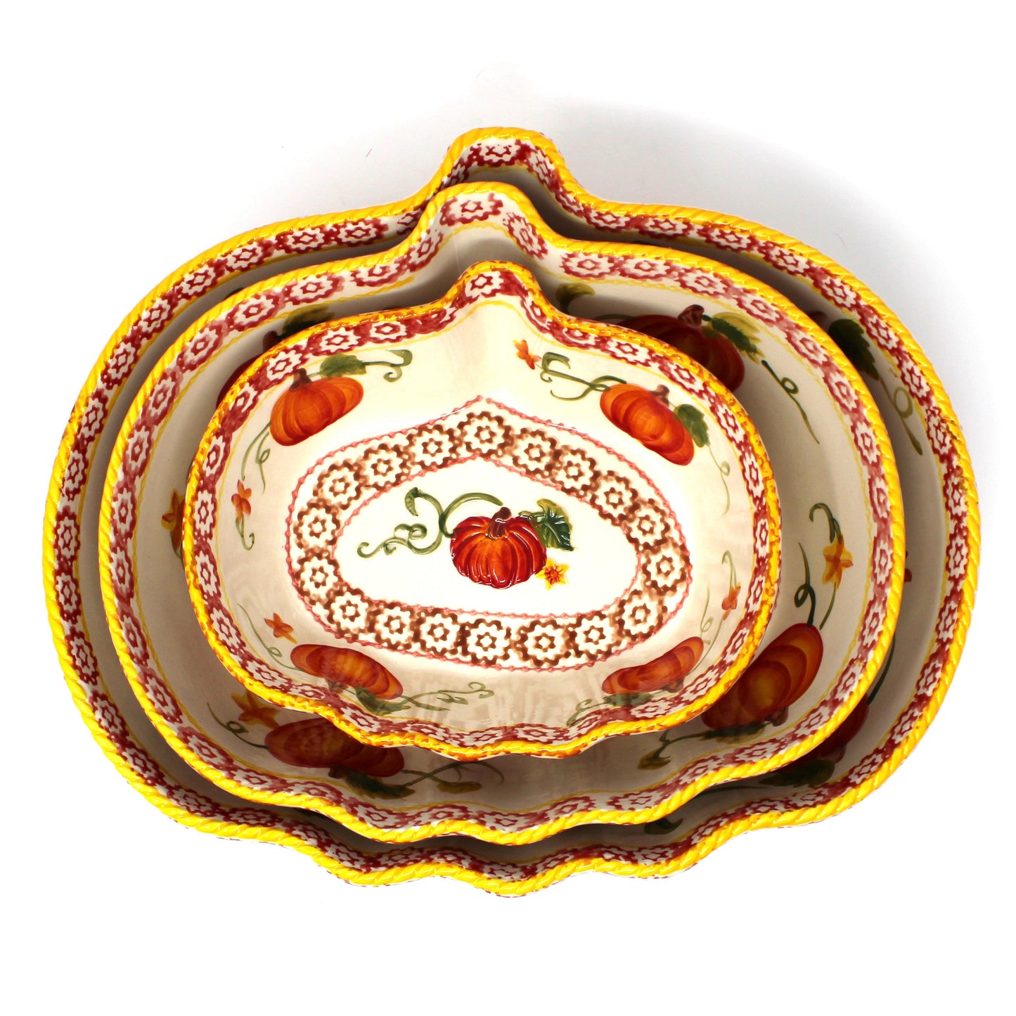 Casserole, Pumpkin Patch by Temp-Tations, Set of 3 Ceramic Nested Baking Dishes, China, 2016