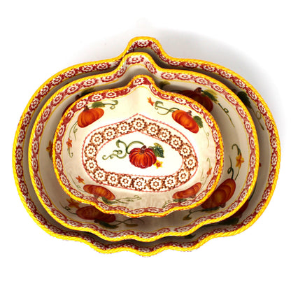 Casserole, Pumpkin Patch by Temp-Tations, Set of 3 Ceramic Nested Baking Dishes, China, 2016