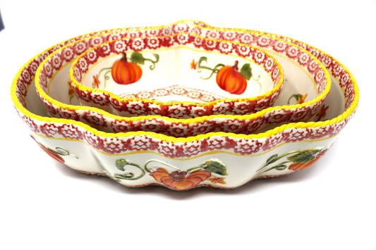 Casserole, Pumpkin Patch by Temp-Tations, Set of 3 Ceramic Nested Baking Dishes, China, 2016