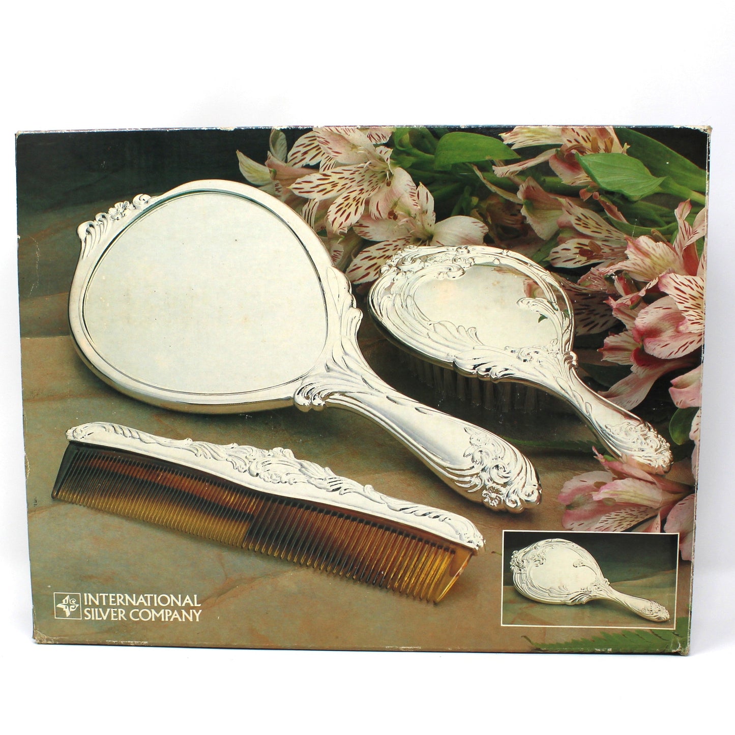 Dresser Vanity Set, Silverplate Mirror, Brush and Comb, ISC, Vintage 1988
