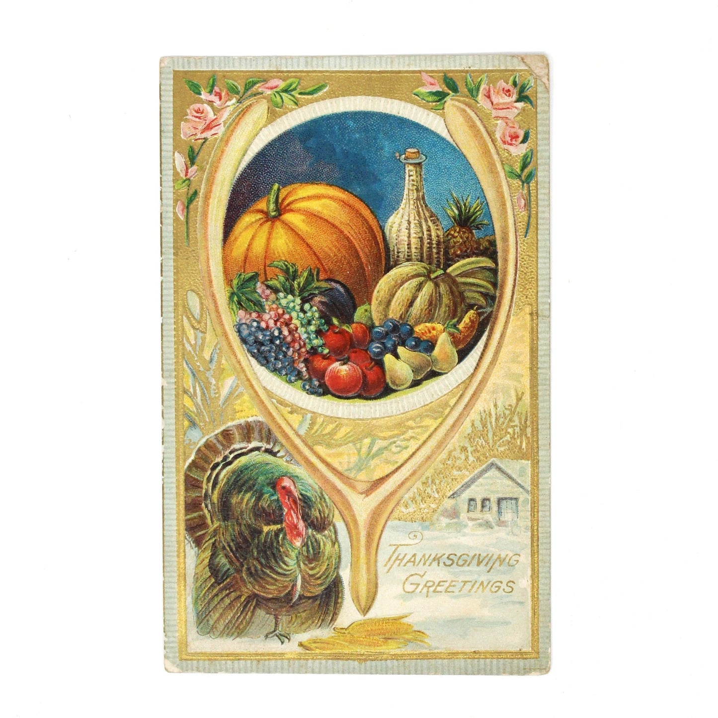 Postcards, Thanksgiving Card, Embossed & Gilded Harvest, Wishbone & Turkey, Thanksgiving Greetings, Antique