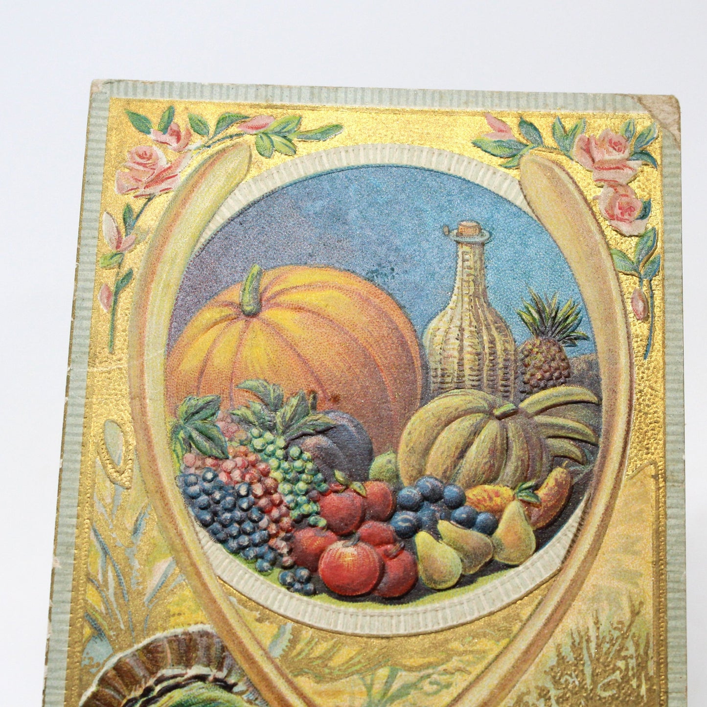 Postcards, Thanksgiving Card, Embossed & Gilded Harvest, Wishbone & Turkey, Thanksgiving Greetings, Antique