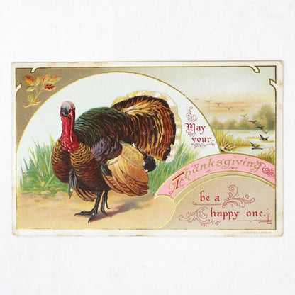 Postcards, Thanksgiving Card, Embossed & Gilded Turkey, May Your Thanksgiving Be Happy, Antique