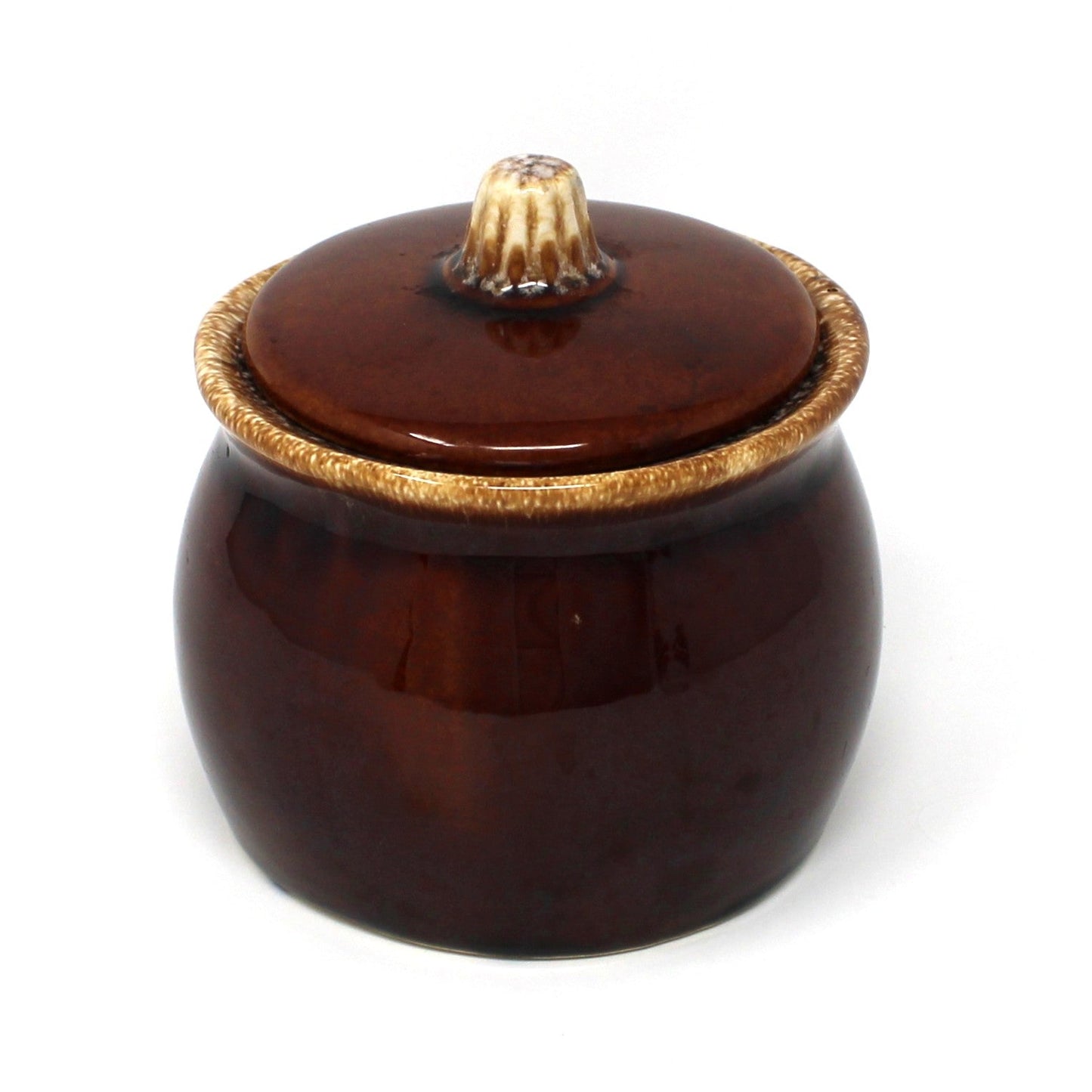 Sugar Bowl with Lid, Hull Pottery, Brown Drip Glaze, Mirror Brown, USA, Vintage, 1960s