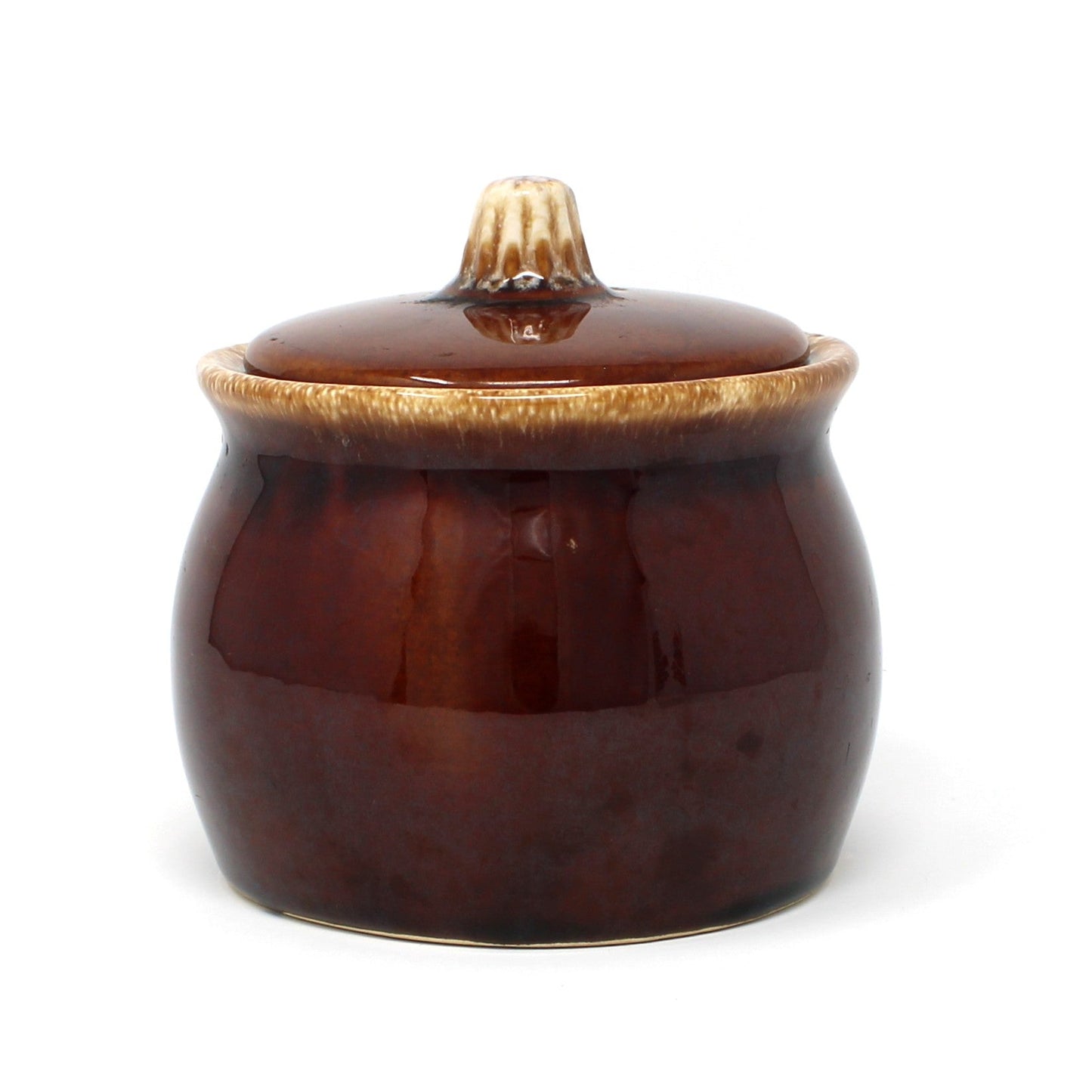 Sugar Bowl with Lid, Hull Pottery, Brown Drip Glaze, Mirror Brown, USA, Vintage, 1960s