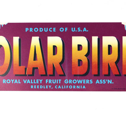Crate Label: Polar Bird Brand, Penguin, Royal Valley Fruit Growers, Reedley California, 1950s