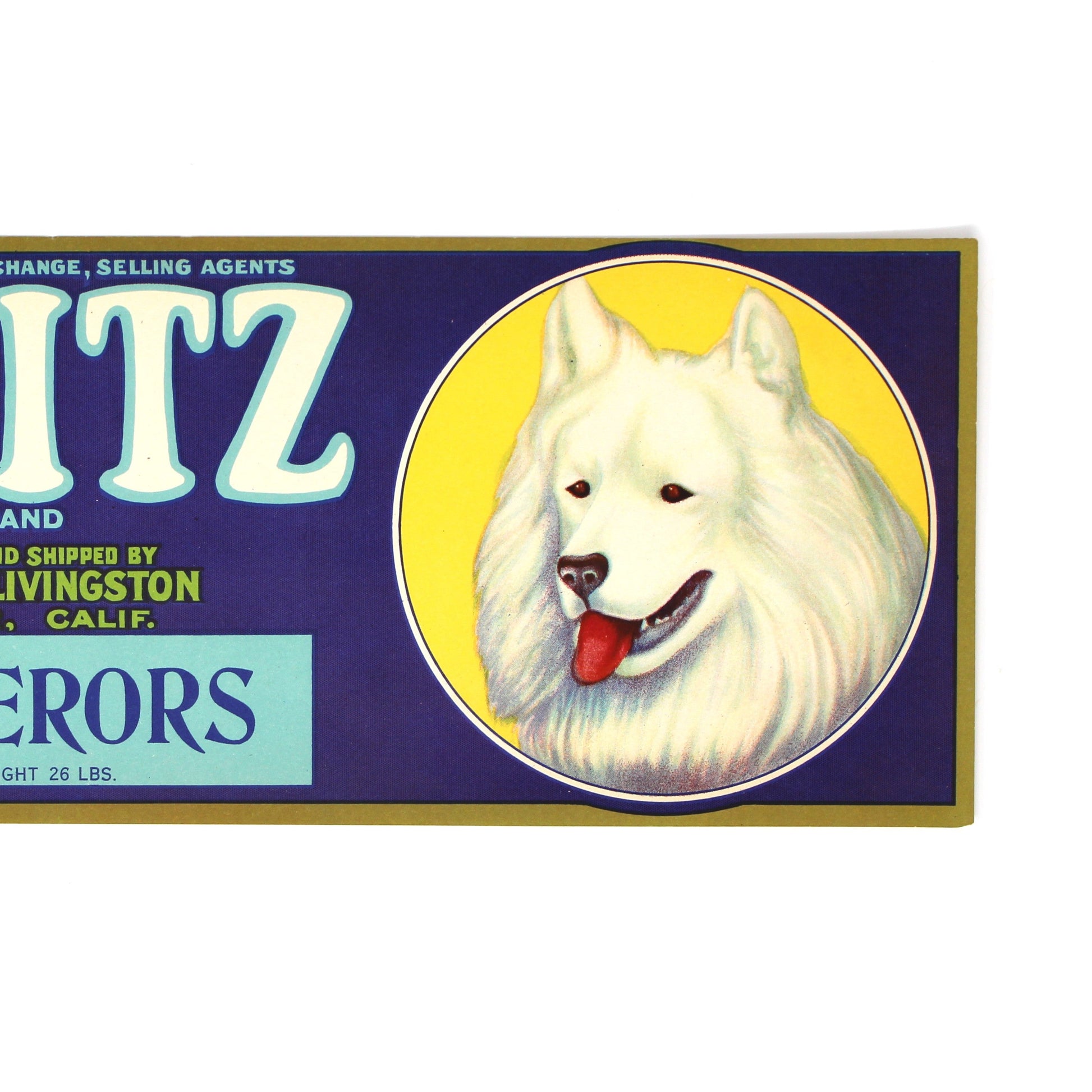 A vintage Spitz Emperors crate label. The label features a deep blue background with a gold border, a yellow anchor logo on the left with the text 'Blue Anchor' and 'California Fruit Exchange,' large white 'SPITZ' lettering, and a circular portrait of a white Spitz dog on the right.
