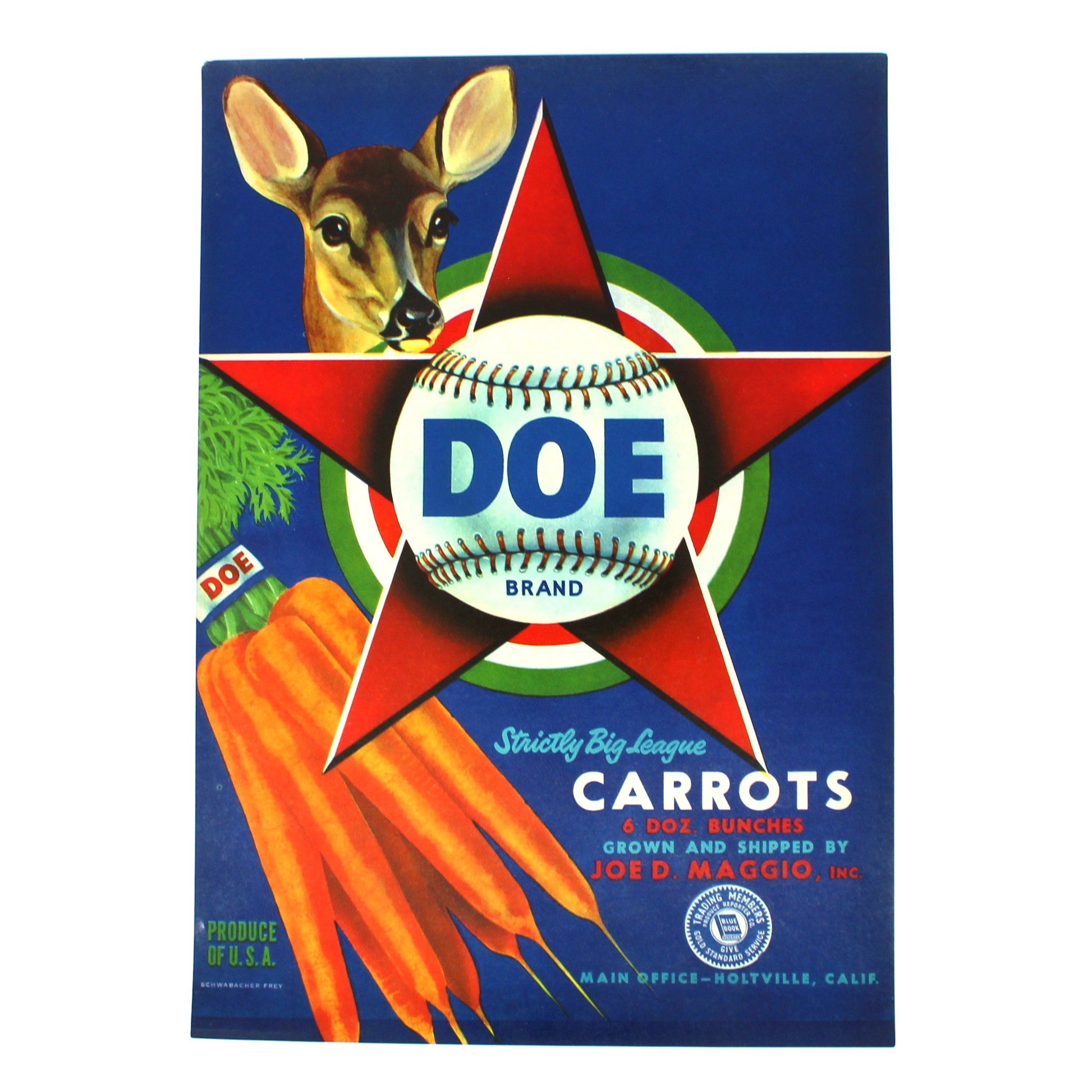 A vintage box of DOF Carrots, featuring a blue background with a red star, a deer head, a baseball, and illustrations of orange carrots.