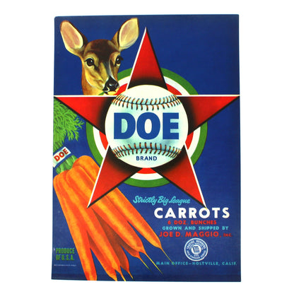 A vintage box of DOF Carrots, featuring a blue background with a red star, a deer head, a baseball, and illustrations of orange carrots.