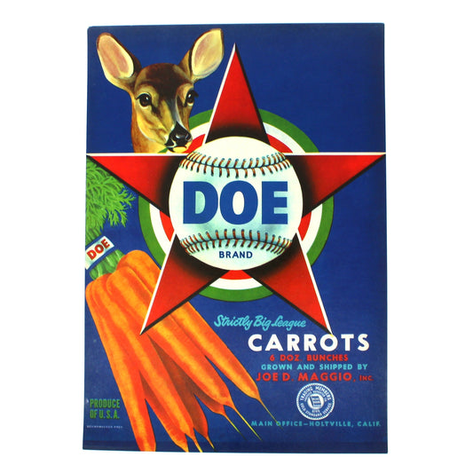 A vintage box of DOF Carrots, featuring a blue background with a red star, a deer head, a baseball, and illustrations of orange carrots.