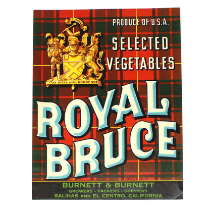 A vintage Royal Bruce Select vegetables crate label, featuring a red and green tartan pattern with a gold crest and large white text reading 'ROYAL BRUCE'.