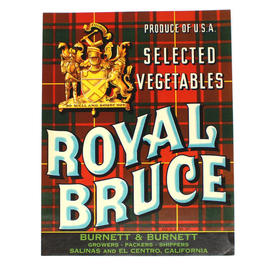 A vintage Royal Bruce Select vegetables crate label, featuring a red and green tartan pattern with a gold crest and large white text reading 'ROYAL BRUCE'.