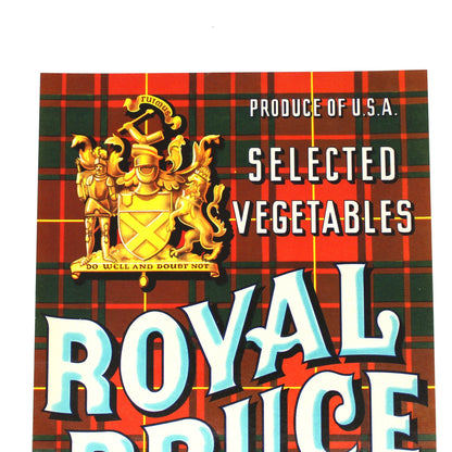 A vintage Royal Bruce Select brand vegetable crate label, featuring a red and green tartan plaid background with a gold crest and large white and blue lettering reading 'ROYAL BRUCE' and 'SELECTED VEGETABLES'.
