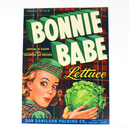 A vintage-style Bonnie Babe lettuce magazine or booklet cover centered on a plain white background. The cover features large green 'BONNIE BABE' lettering, yellow script 'Lettuce', a woman holding a cabbage, and a red plaid background.