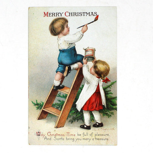 Postcards, Merry Christmas, Ellen Clapsaddle Signed, The Busy Painter, Victorian Children, Antique Reproduction