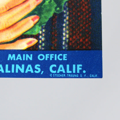Crate Label: Bonnie Babe Brand, Scottish Girl, Lettuce, Dan Danilson Packing Co., Salinas California, 1940s