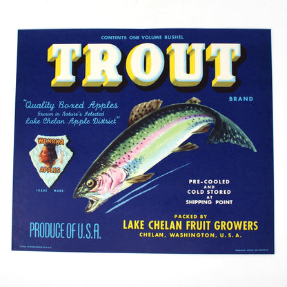 A vintage-style Trout brand fruit crate label or poster featuring a blue background, large yellow 'TROUT' text, and an illustrated fish, photographed against a plain white background.