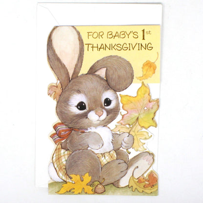 Greeting Card / Thanksgiving Card, Baby's First Thanksgiving, Bunny Rabbit with Fall Leaves, Carlton Cards
