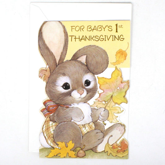 Greeting Card / Thanksgiving Card, Baby's First Thanksgiving, Bunny Rabbit with Fall Leaves, Carlton Cards