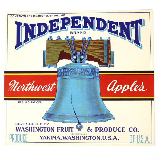 A vintage fruit crate label for 'Independent Northwest Apples' featuring a blue Liberty Bell illustration on a cream background with red and blue text.