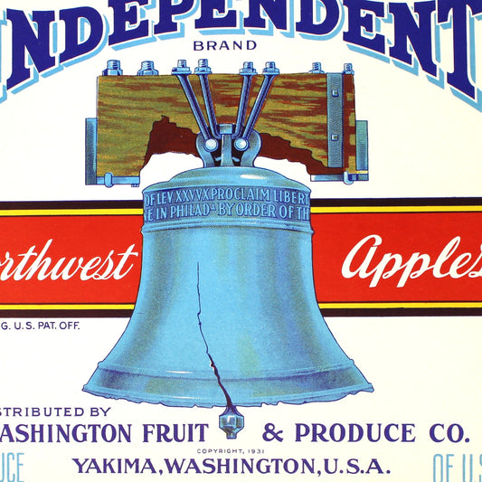 A vintage Independent Brand Northwest Apples fruit crate label featuring a blue liberty bell illustration on a cream background with red and blue text.
