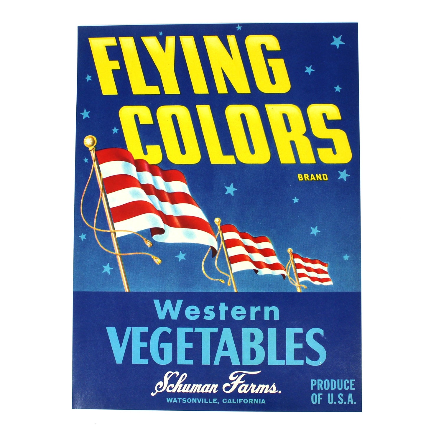 Crate Label: Flying Colors Brand, Western Vegetables, Schuman Farms, Watsonville California, 1940s