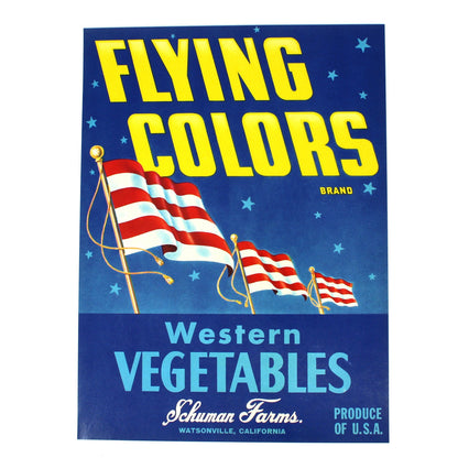 Crate Label: Flying Colors Brand, Western Vegetables, Schuman Farms, Watsonville California, 1940s