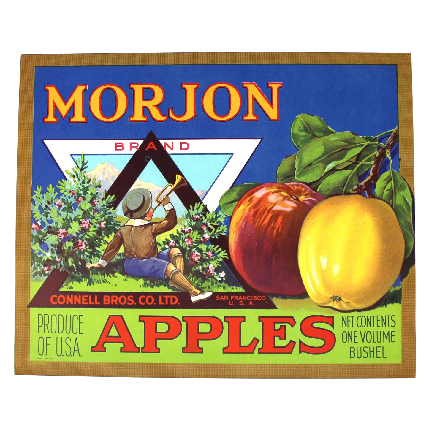A vintage Morjon Brand apples crate label with illustrated fruit, a boy blowing a horn, and bold orange-red text on a blue background.