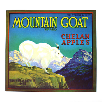 A vintage fruit crate label for Mountain Goat Chelan Apples, featuring a white goat on a mountainous landscape with blue and green tones.