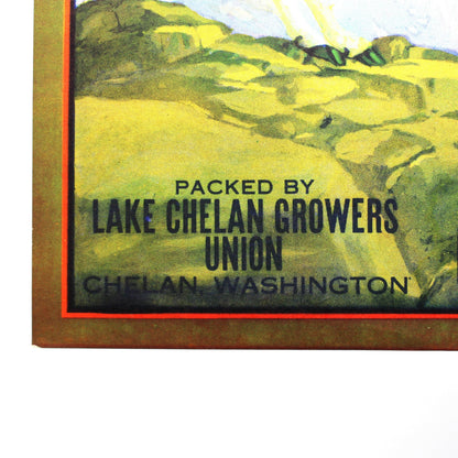 A close-up of a vintage crate produce label corner showing green and yellow hills with text reading 'PACKED BY LAKE CHELAN GROWERS UNION' and 'PRODUCE'