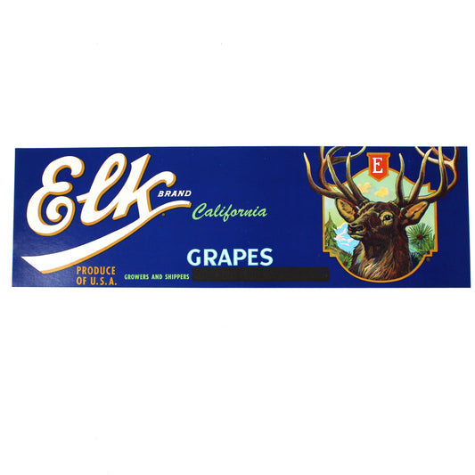 A vintage crate label, rectangular Elk Brand California Grapes, featuring a regal deer head with large antlers, dark blue background with white and gold branding, and the word 'GRAPES' in white. 