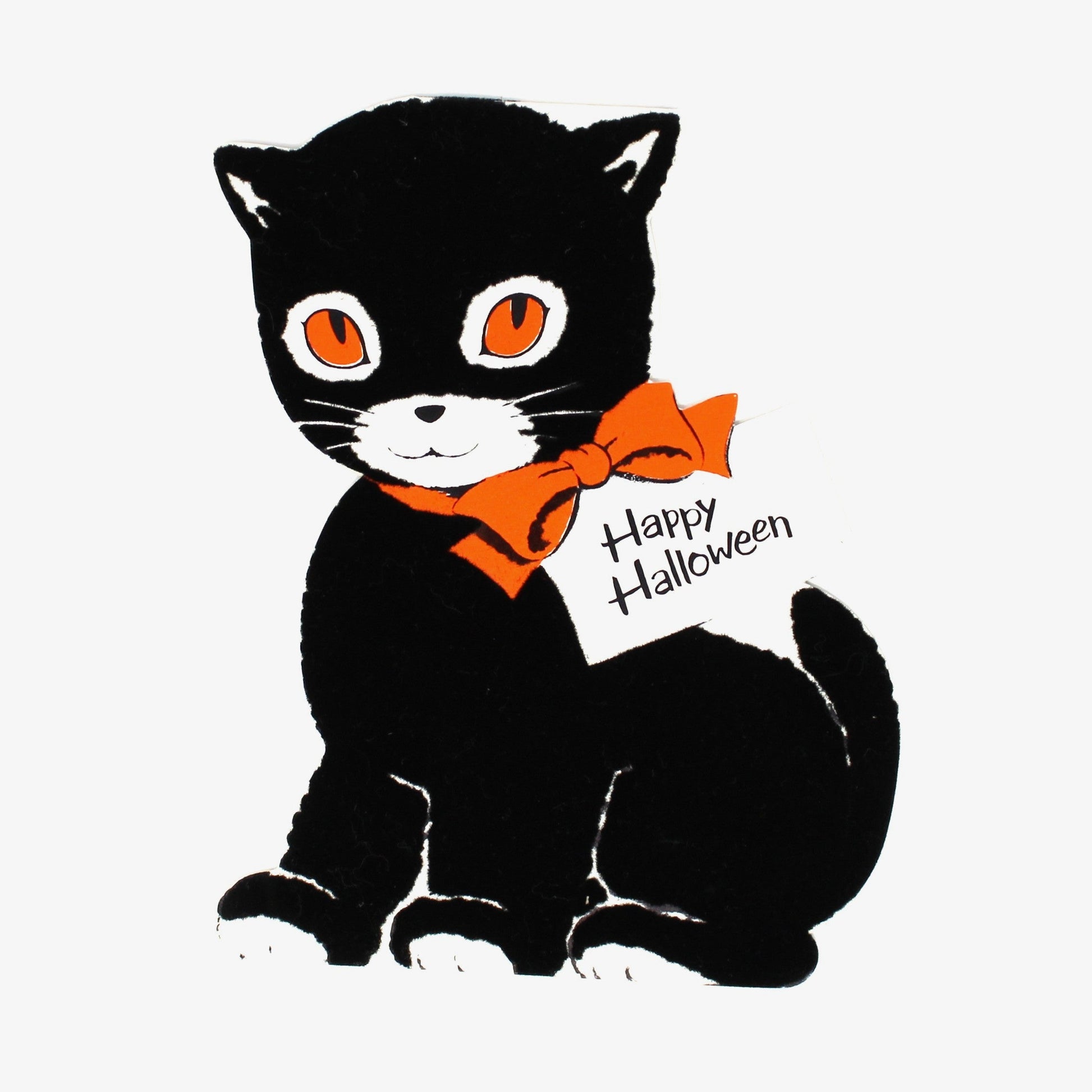 A vintage Halloween card, cartoon-style black cat with orange eyes and an orange bow tie, holding a small sign that says 'Happy Halloween'