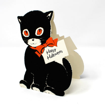 Halloween Card: Inky the Cat, Vintage 1950s, Black Flocked, Unused, Norcross, Ephemera