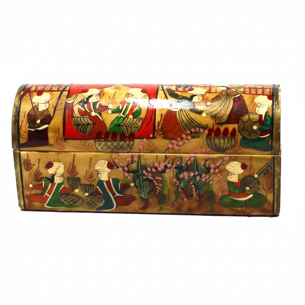 Vintage Trinket Box / Chest: Persian Style Miniature, Hand-Painted featuring figures and floral motifs in green, gold, and red tones. 1970s