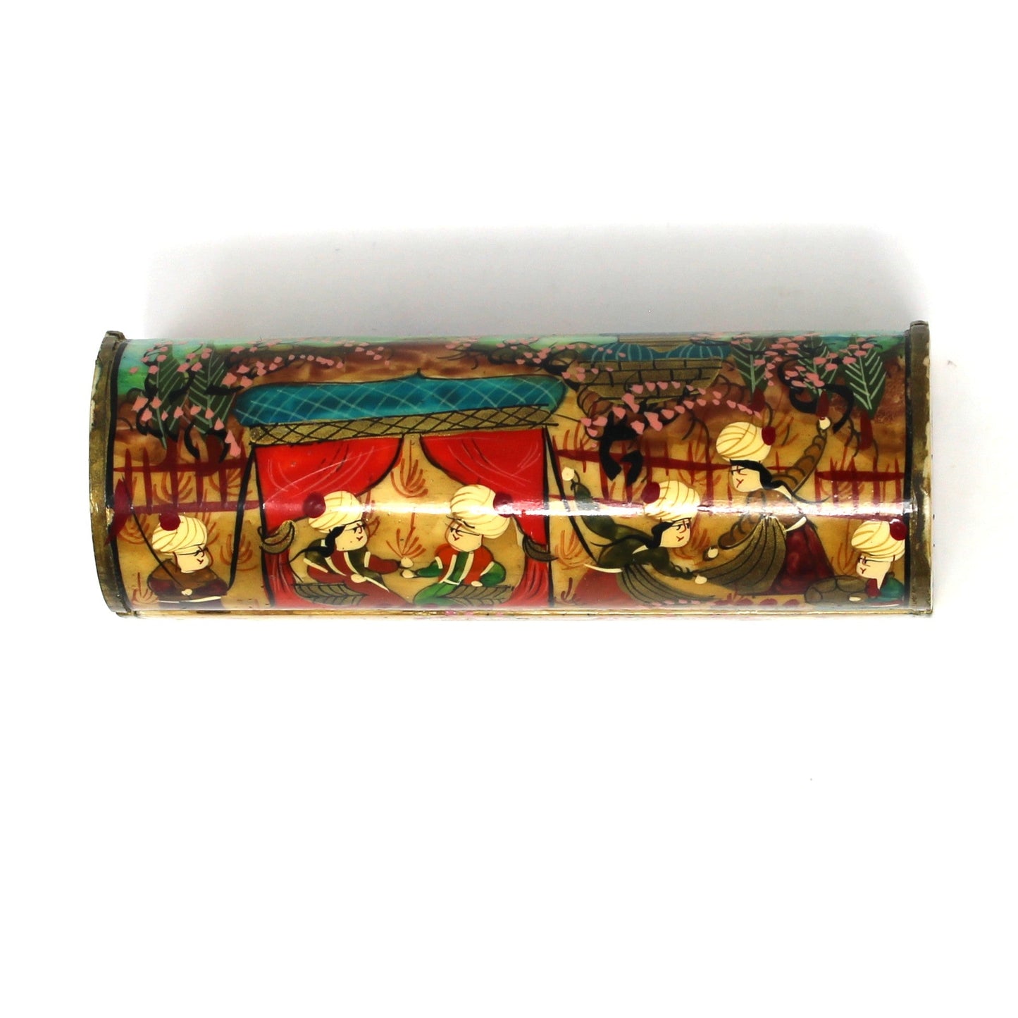 Top view of Vintage Trinket Box / Spice Chest: Persian Style Miniature, Hand-Painted featuring intricate multicolor illustrations