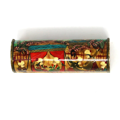 Top view of Vintage Trinket Box / Spice Chest: Persian Style Miniature, Hand-Painted featuring intricate multicolor illustrations
