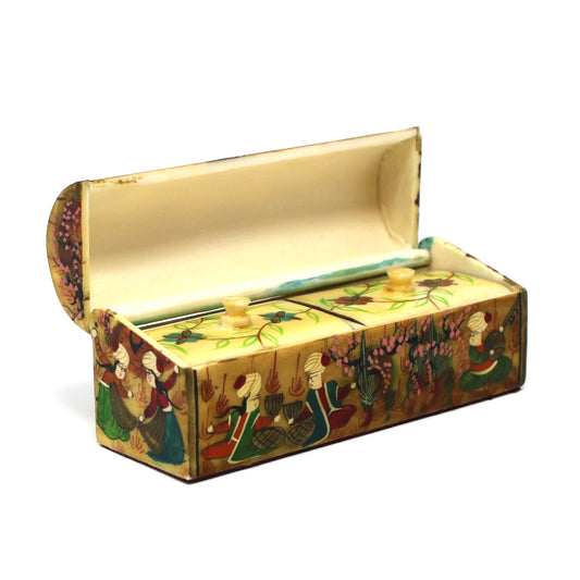 Vintage Trinket Box / Spice Chest: Persian Style Miniature, Hand-Painted featuring open lid showing two boxes within. Colorful figures and floral motifs in green, gold, and red tones. 1970s