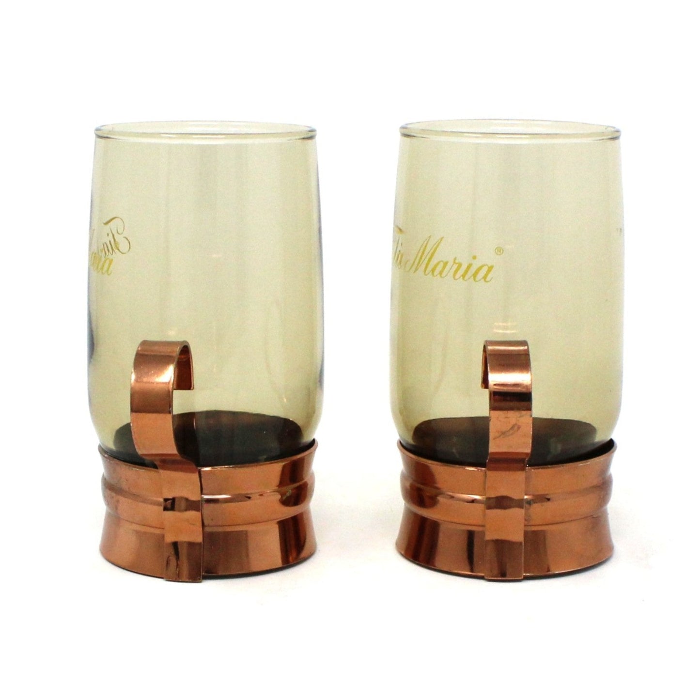 Glasses, Tia Maria Mugs, Smoked Glass & Copper Holder, Set of 2, Vintage Barware