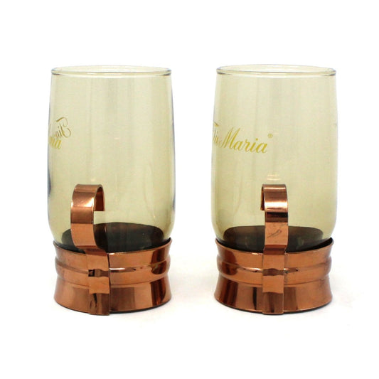 Glasses, Tia Maria Mugs, Smoked Glass & Copper Holder, Set of 2, Vintage Barware