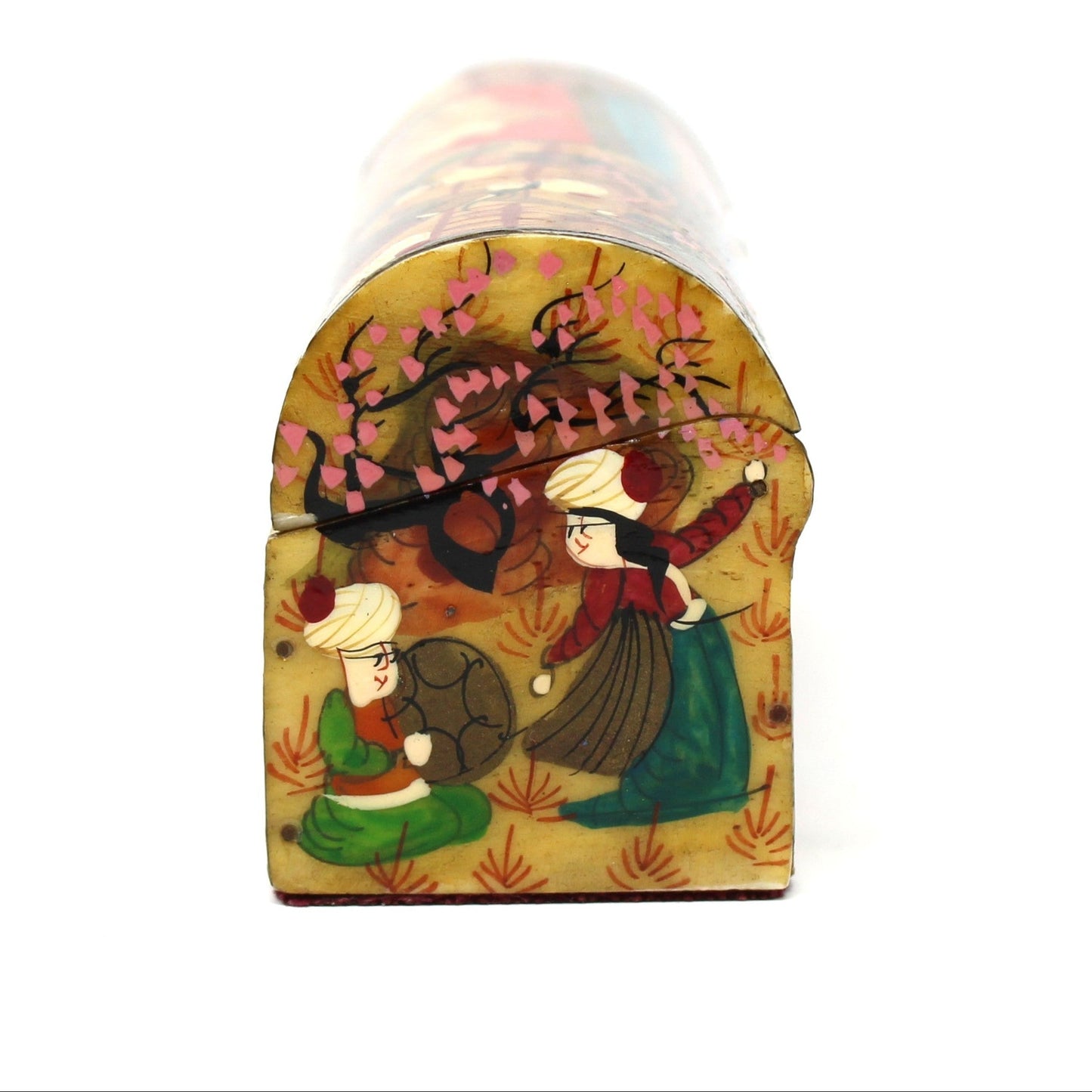 Side view of Vintage Trinket Box / Spice Chest: Persian Style Miniature, Hand-Painted featuring figures and floral motifs in green, gold, and red tones. 1970s