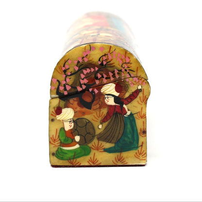 Side view of Vintage Trinket Box / Spice Chest: Persian Style Miniature, Hand-Painted featuring figures and floral motifs in green, gold, and red tones. 1970s