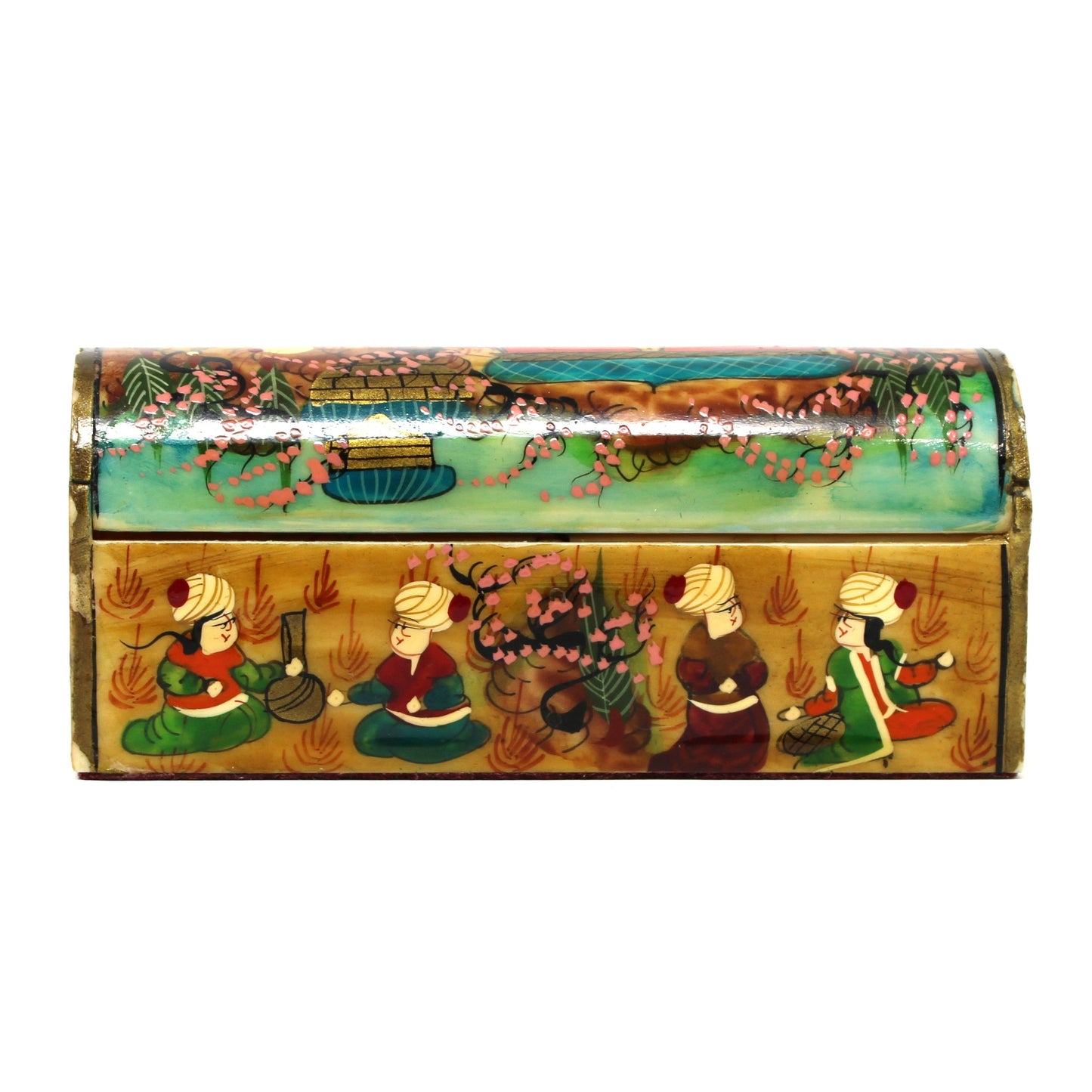 Vintage Trinket Box / Spice Chest: Persian Style Miniature, Hand-Painted featuring figures and floral motifs in green, gold, turquoise, and red tones. 1970s