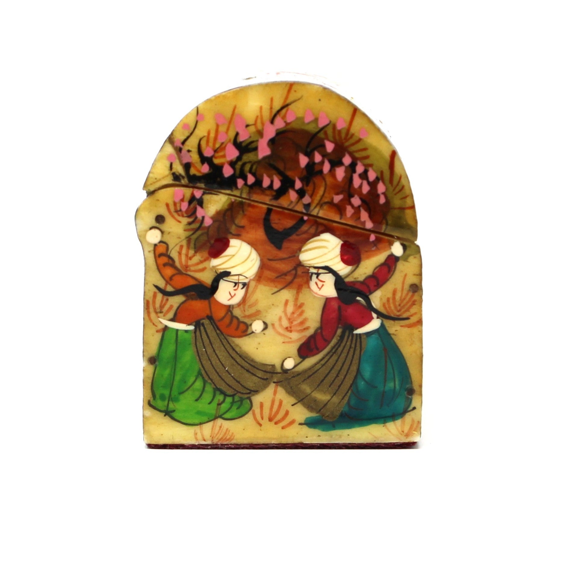 Side view of Vintage Trinket Box / Spice Chest: Persian Style Miniature, Hand-Painted featuring figures and floral motifs in green, gold, and red tones. 1970s