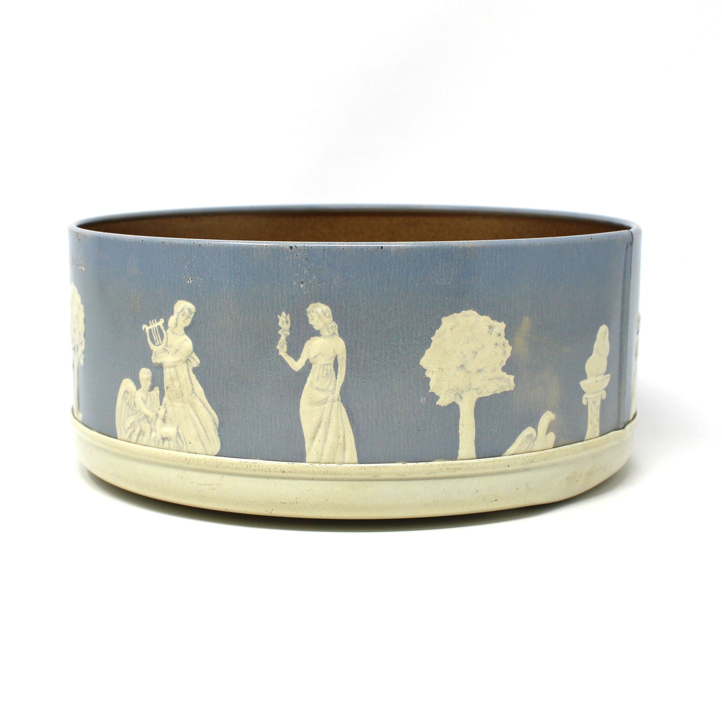 Tin: Guildcraft: Jasperware-Style, Blue/White Neoclassical, Greco-Roman, Embossed Figures, Vintage 1950s
