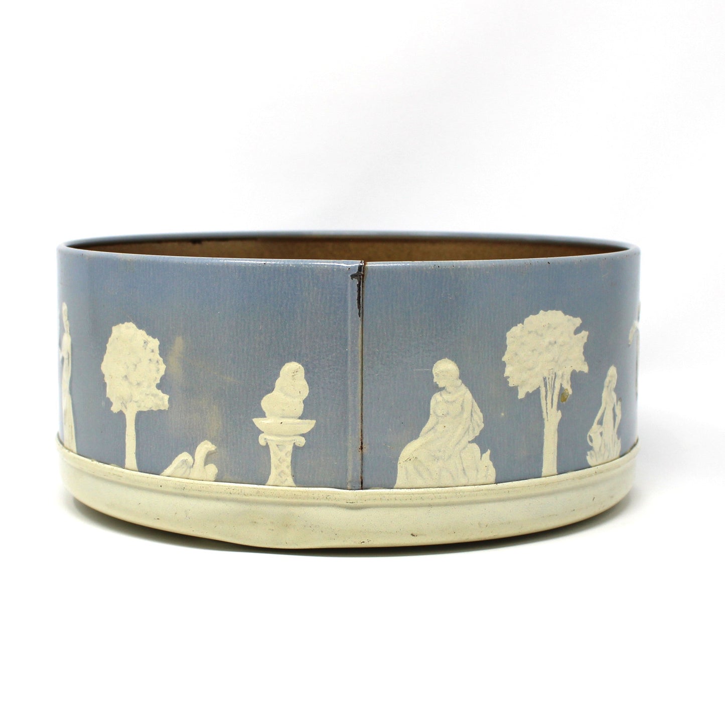 Tin: Guildcraft: Jasperware-Style, Blue/White Neoclassical, Greco-Roman, Embossed Figures, Vintage 1950s