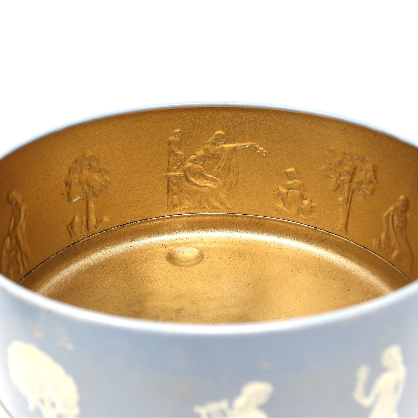 Tin: Guildcraft: Jasperware-Style, Blue/White Neoclassical, Greco-Roman, Embossed Figures, Vintage 1950s
