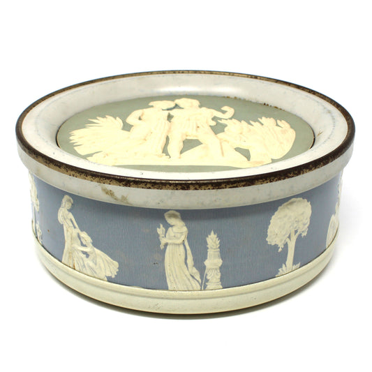 Tin: Guildcraft: Jasperware-Style, Blue/White Neoclassical, Greco-Roman, Embossed Figures, Vintage 1950s