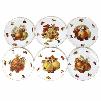 Vintage set of six Seltmann Weiden
Pattern Fruit and Nut (SLT83) plates. Each decorated with a different fruit illustration including apples, grapes, cherries, and a pineapple