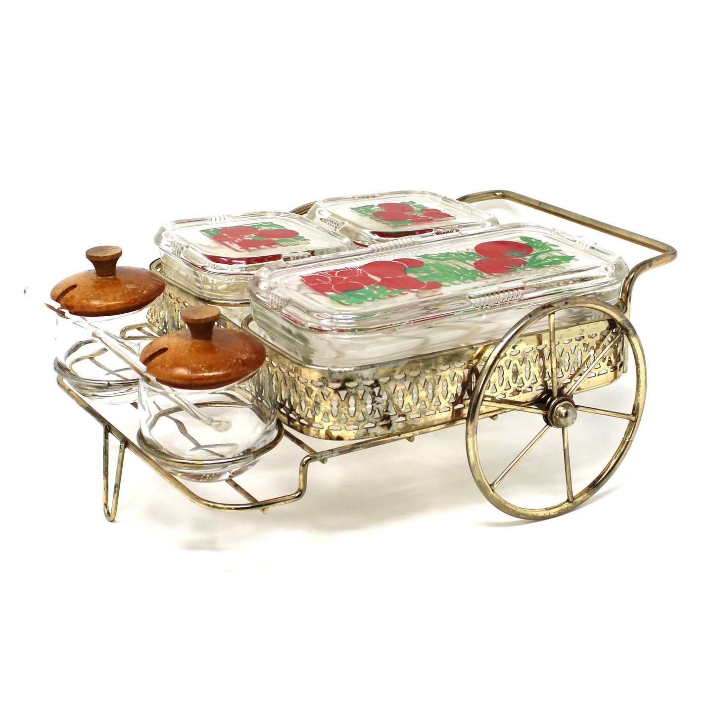 Hostess Caddy Set: McKee Glass, Wire Carrier with Glass Fridgies, Condiment Jars & Spoons 7Pc, Vintage, 1940s.
