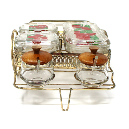 Hostess Caddy Set: McKee Glass, Wire Carrier with Fridgies, Condiment Jars & Spoons 7Pc, Vintage, 1940s